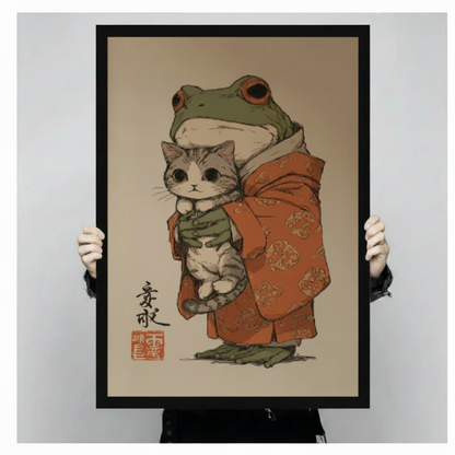 Hand-held framed canvas print featuring Japanese folk art frog cat illustration — premium wall decor
