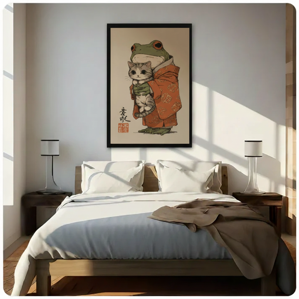 Japanese folk art frog holding cat framed canvas above bed — zen bedroom wall art decor