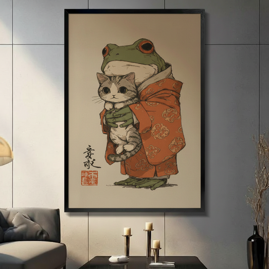 Japanese folk art frog in red kimono holding cat — framed canvas wall art for zen home decor