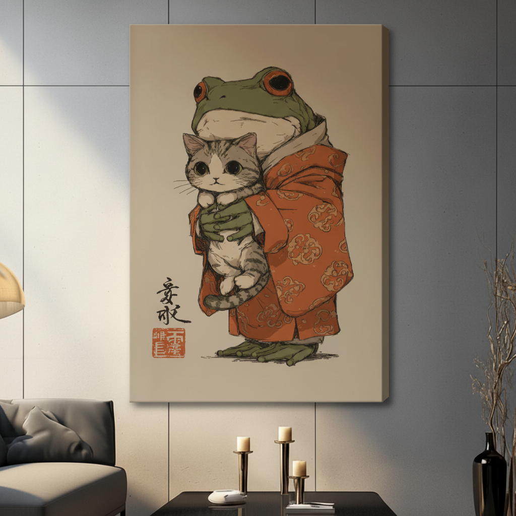 Frog and cat folk art stretched canvas print displayed in modern living room — gallery wrap wall art