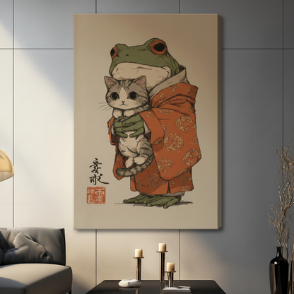 Frog and cat folk art stretched canvas print displayed in modern living room — gallery wrap wall art