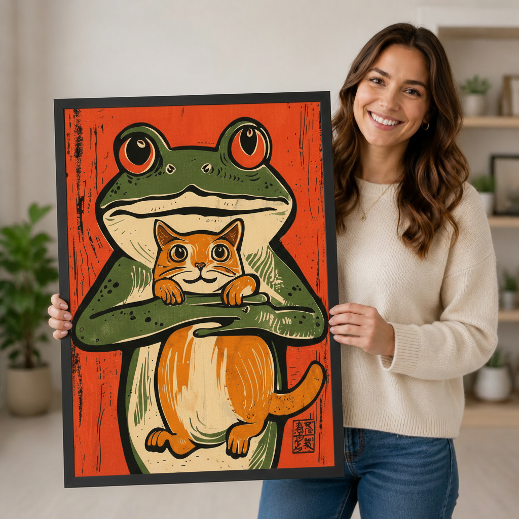 Smiling woman holding a large framed canvas print of a green frog hugging an orange cat in ukiyo-e woodblock style, demonstrating print size and ready-to-hang wall art quality