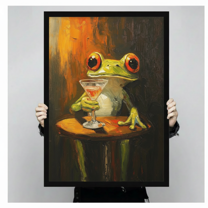 Frog cocktail wall art in a black frame held by hand against a light background
