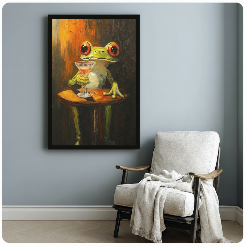 Green frog cocktail wall art hanging beside a cozy accent chair with a soft blanket