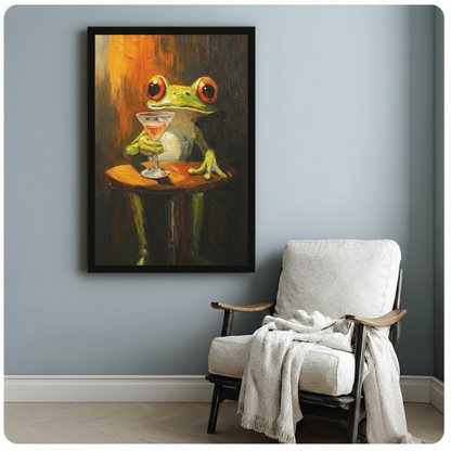 Green frog cocktail wall art hanging beside a cozy accent chair with a soft blanket