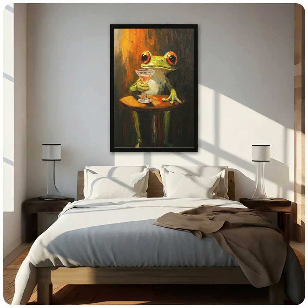  Frog cocktail wall art featuring a green frog holding a martini glass above a modern bedroom