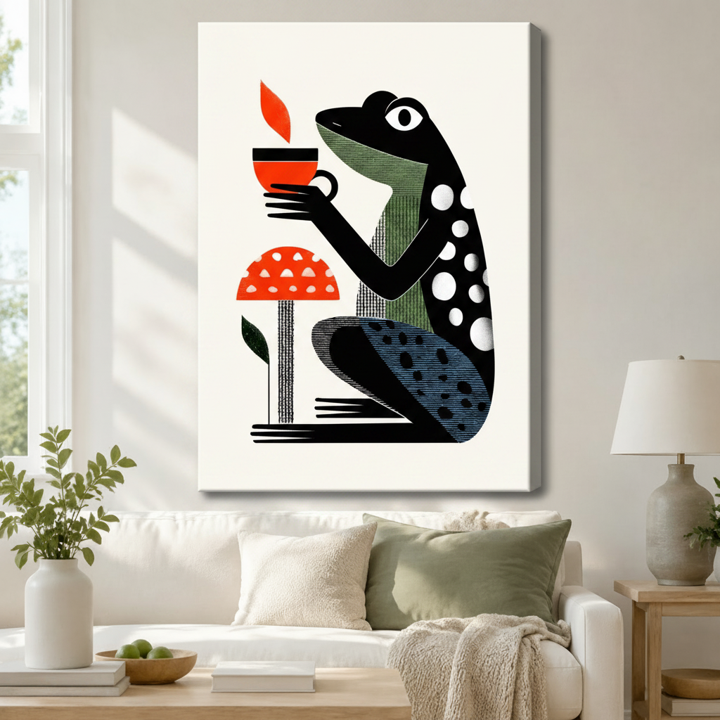 Bold frog with red coffee cup canvas wall art hung above white linen sofa in bright modern living room with sage green accent pillows