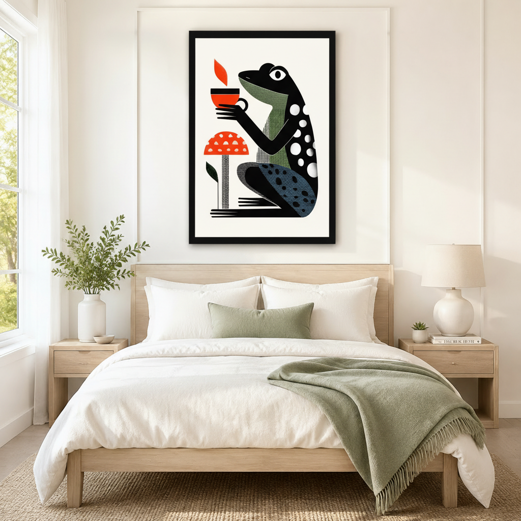 Vertical black framed frog holding red coffee cup wall art print displayed above wooden bed frame in calm neutral American bedroom