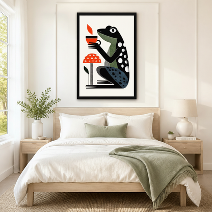 Vertical black framed frog holding red coffee cup wall art print displayed above wooden bed frame in calm neutral American bedroom