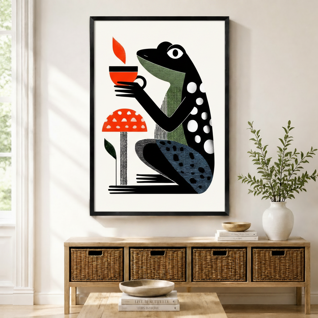 Framed frog holding coffee cup wall art print with black wood frame displayed above rattan storage console in cozy American home entryway