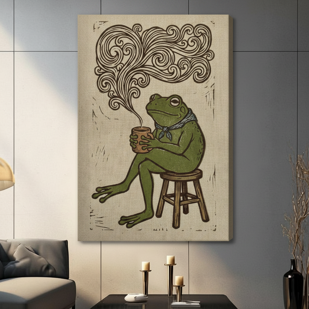 Gallery wrap canvas of retro frog holding coffee mug with decorative steam swirls, vintage linocut style animal wall art for living room decor