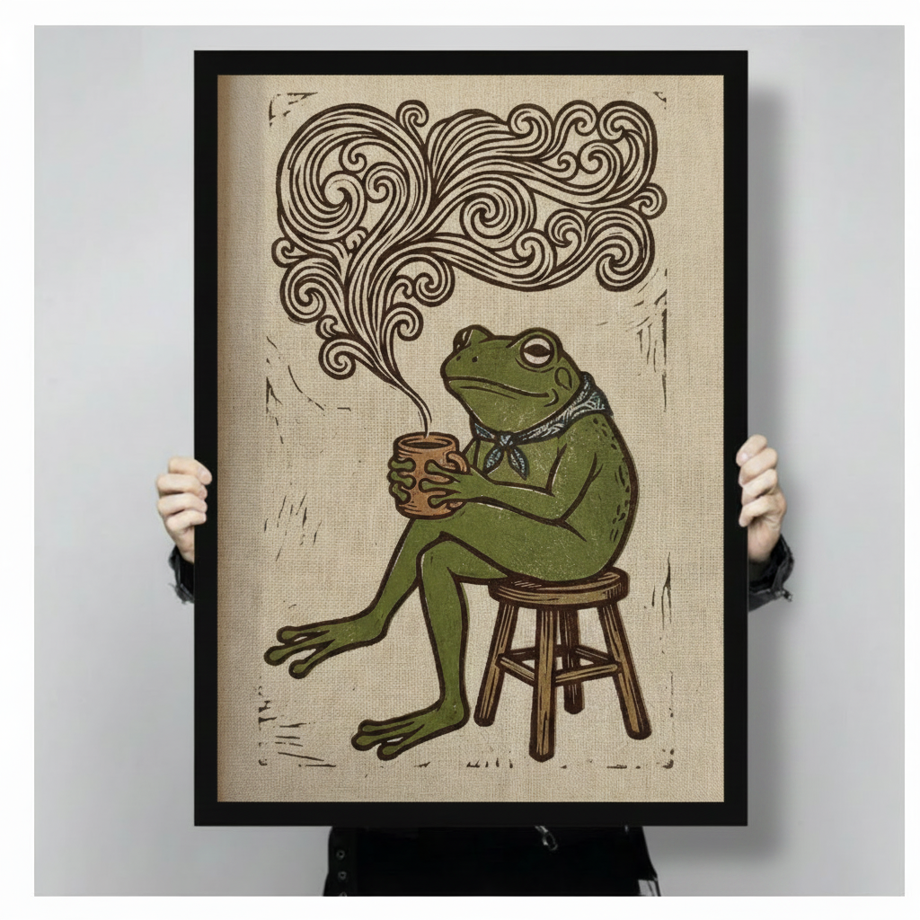 Close-up of black framed vintage frog with coffee cup wall art print held by hands, showing detailed woodblock engraving style with ornate steam swirls