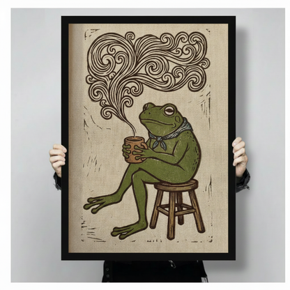 Close-up of black framed vintage frog with coffee cup wall art print held by hands, showing detailed woodblock engraving style with ornate steam swirls