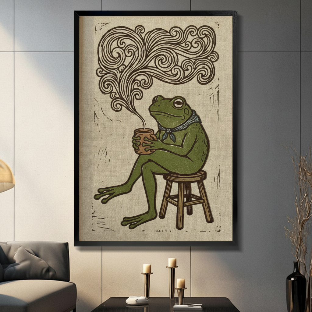 Framed vintage woodblock style frog drinking coffee wall art print displayed in modern living room, retro green frog on stool with swirling steam illustration