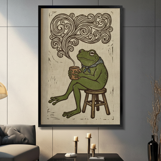 Framed vintage woodblock style frog drinking coffee wall art print displayed in modern living room, retro green frog on stool with swirling steam illustration