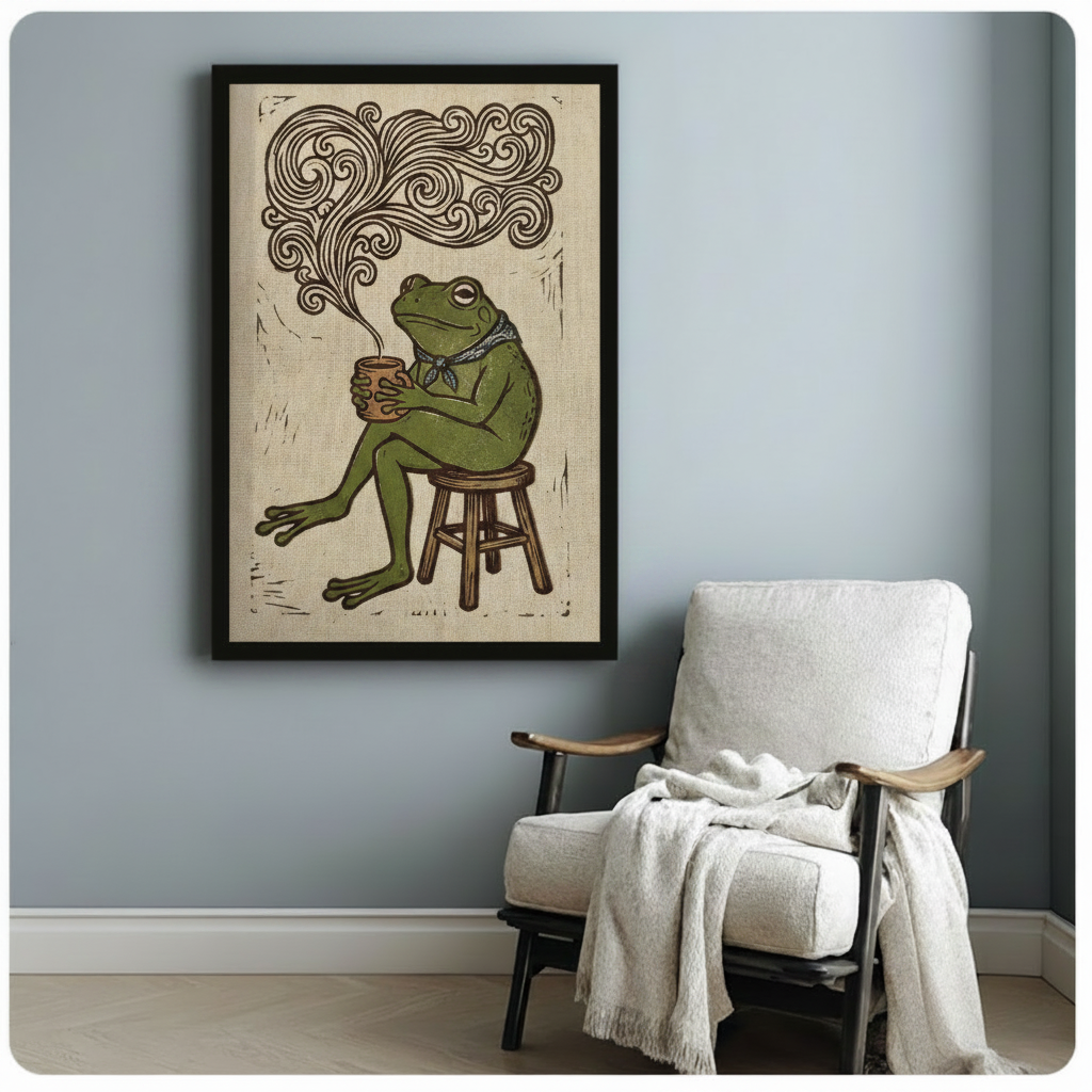Black framed frog coffee art print on blue-gray wall beside linen armchair, cottagecore vintage illustration perfect for kitchen or reading nook