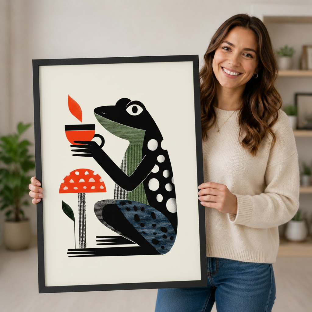 Smiling woman holding large black framed frog coffee print art in home interior, showing actual print size and vivid color detail