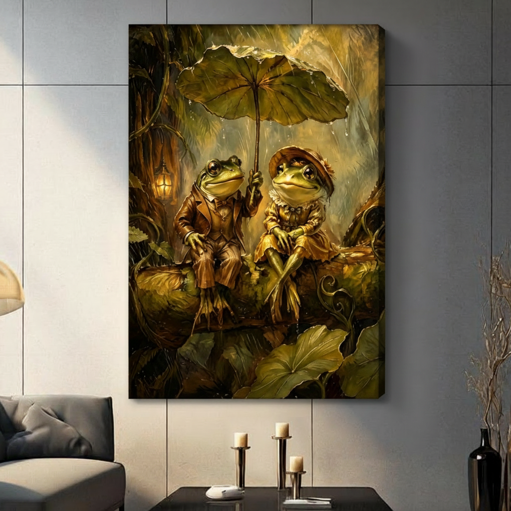 Gallery wrap stretched canvas of a charming gentleman frog in a brown coat holding a large lily pad as an umbrella beside a lady frog in a golden hat and ruffled dress sitting together on a mossy branch in a rainy enchanted forest with warm lantern light hung frameless on a gray wall