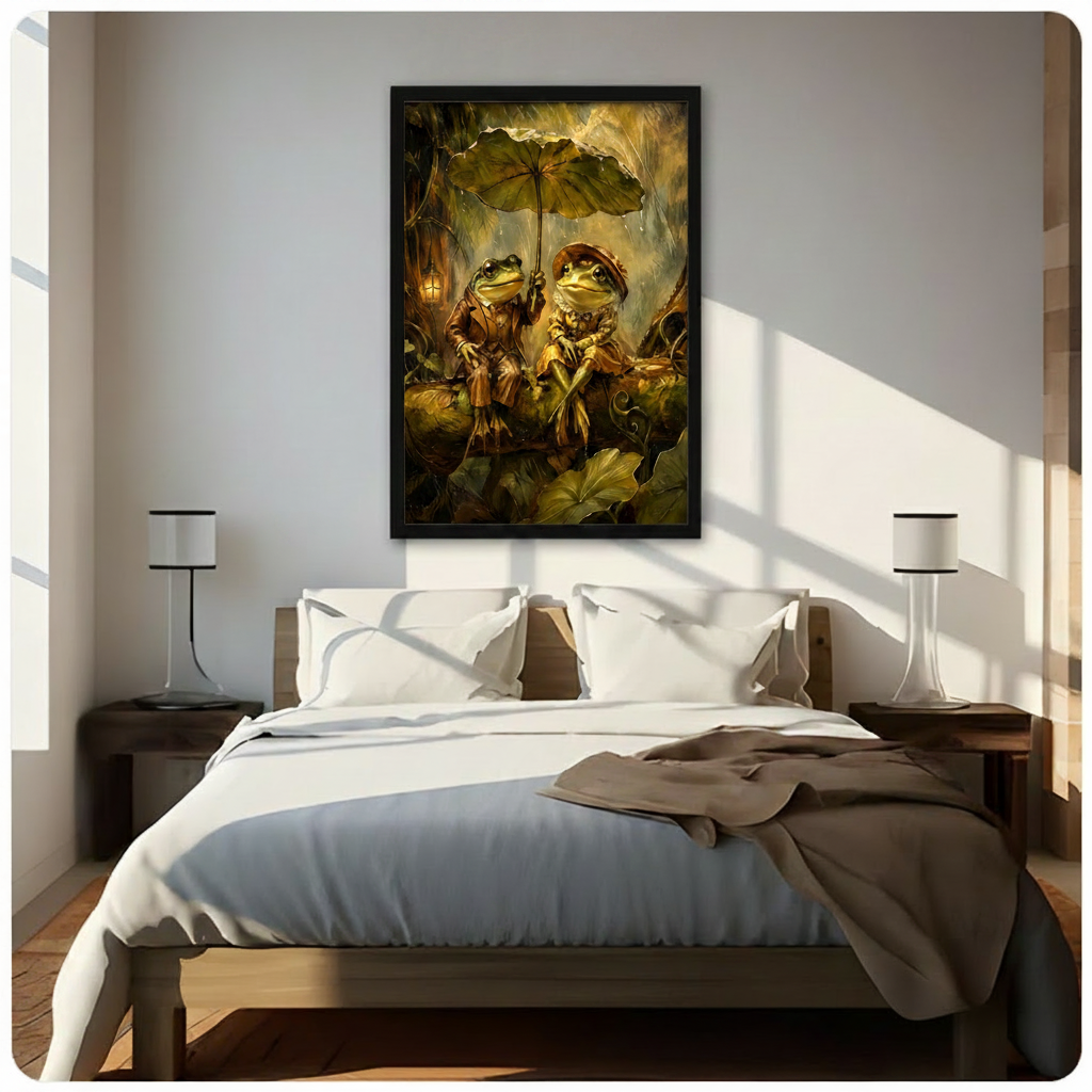 Black framed romantic whimsical frog couple sharing a lotus leaf umbrella in a warm golden rainy forest with glowing lantern and lush green vines cottagecore fantasy oil painting canvas wall art hung in warm diagonal sunlight above a dark wood bed with white linen bedding and matching nightstands
