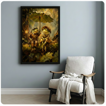 Black framed enchanting cottagecore frog duo sheltering under a lotus leaf umbrella in a golden rainy forest scene with glowing lantern and cascading vines whimsical fantasy oil painting canvas print hung on a soft blue-gray wall beside a white linen wood armchair with a draped cream throw