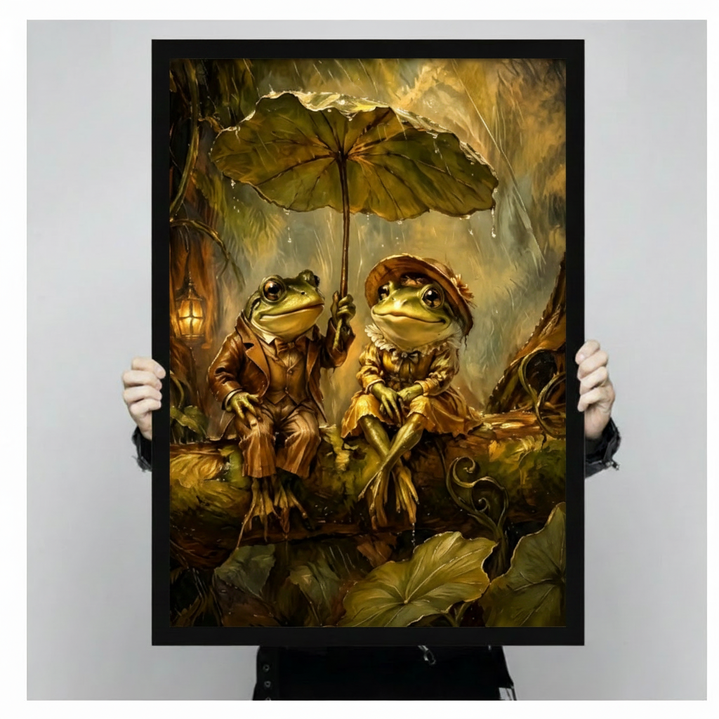 Two hands in black jacket sleeves holding a large black framed whimsical frog couple in vintage brown suit and golden ruffled dress under a giant lotus leaf umbrella in a rainy enchanted forest fantasy oil painting canvas art print in warm olive gold tones, front-facing vertical size display