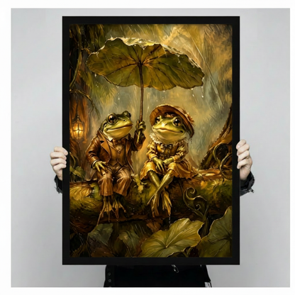 Two hands in black jacket sleeves holding a large black framed whimsical frog couple in vintage brown suit and golden ruffled dress under a giant lotus leaf umbrella in a rainy enchanted forest fantasy oil painting canvas art print in warm olive gold tones, front-facing vertical size display
