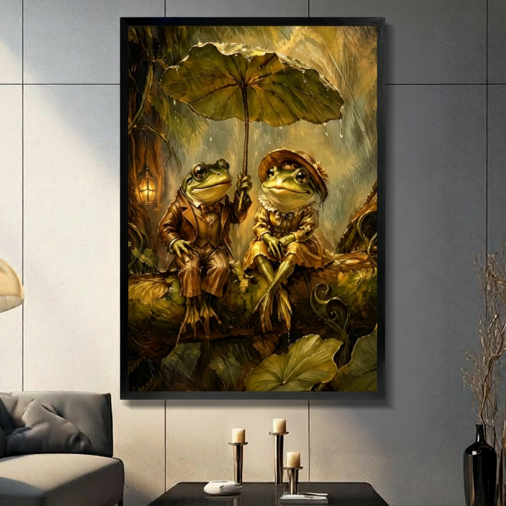 Black framed whimsical frog couple in vintage brown suit and golden ruffled dress sheltering under a giant lotus leaf umbrella in the rain with a glowing lantern and lush green vines fantasy oil painting canvas wall art displayed in a modern gray living room with dark sofa and metal candlesticks