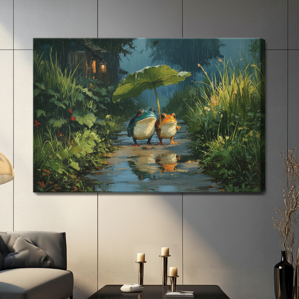 Frameless gallery wrap canvas of blue and orange frogs walking in rain under lotus leaf on gray paneled wall with candle decor