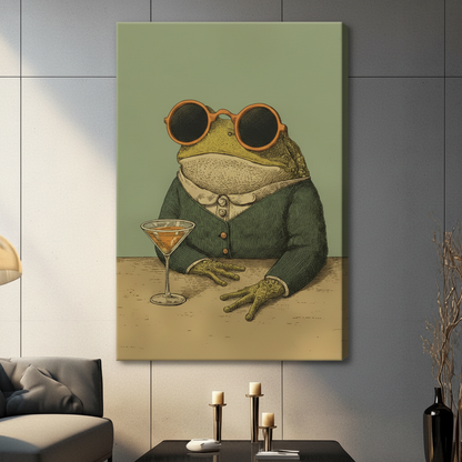 Frameless canvas print of a dapper frog gentleman holding martini glass, sage green background wall art