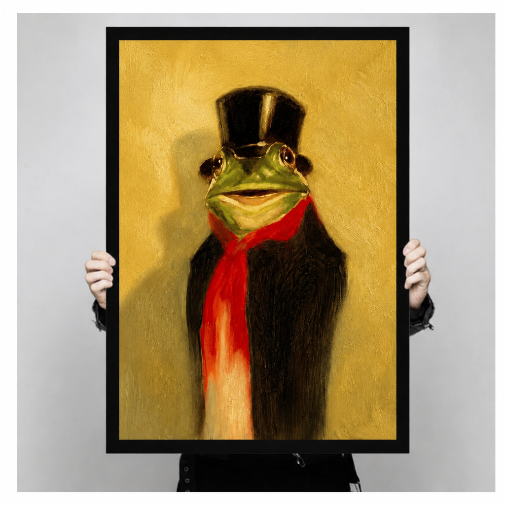Close-up of a premium art print showing a frog dressed as a Victorian gentleman with a top hat, red scarf, and dark coat on a golden background