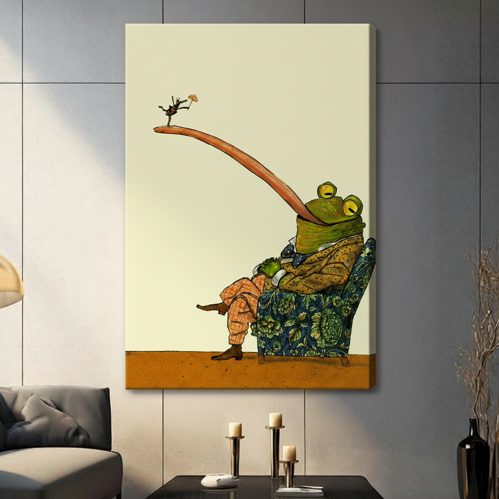 Unframed canvas print of frog gentleman with extended tongue on cream background, bold whimsical animal wall art