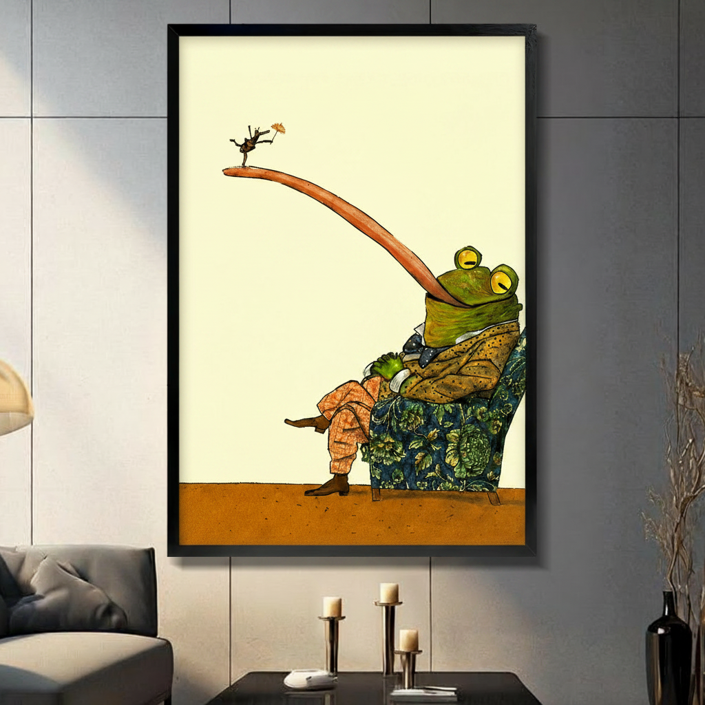 Large framed frog in floral armchair canvas art on grey panel wall with candles, humorous vintage illustration home decor