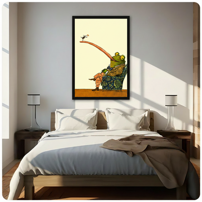 Whimsical frog gentleman armchair framed wall art hanging above bed in bright sunlit modern bedroom with twin lamps