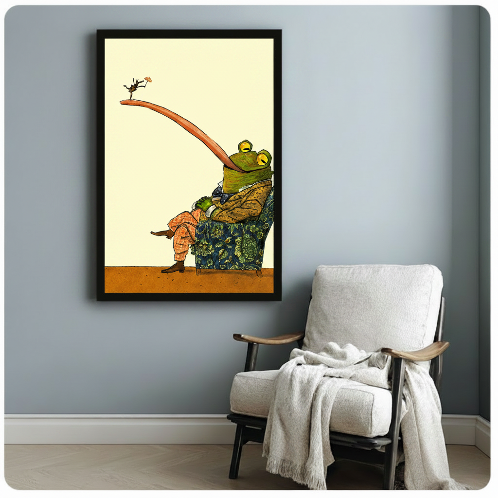 Framed frog gentleman in armchair with long tongue wall art, displayed on grey-blue wall above white accent chair