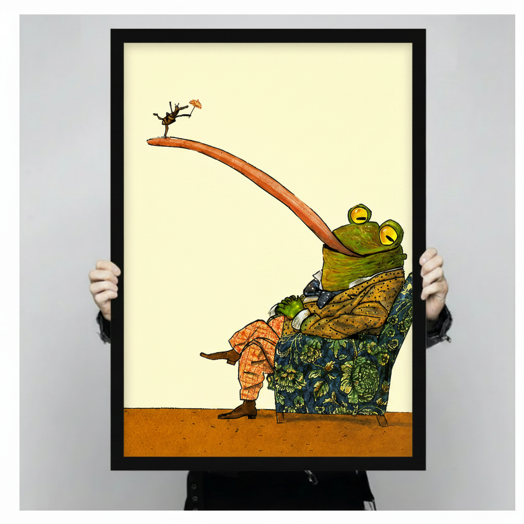 Hand-held framed canvas print of anthropomorphic frog in suit catching bug with long tongue, vintage illustration style
