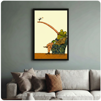 Framed frog gentleman tongue armchair wall art above linen sofa on sage green wall, quirky vintage illustration decor
