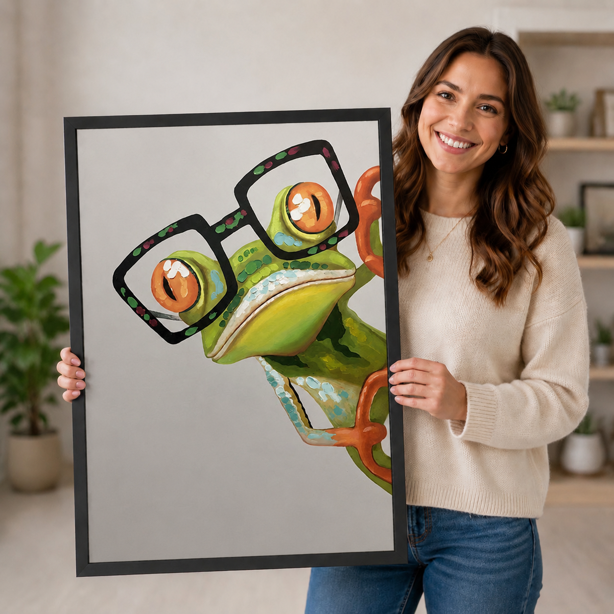 Woman smiling and holding large black framed canvas print of funny frog with glasses wall art, fun animal painting for home decor