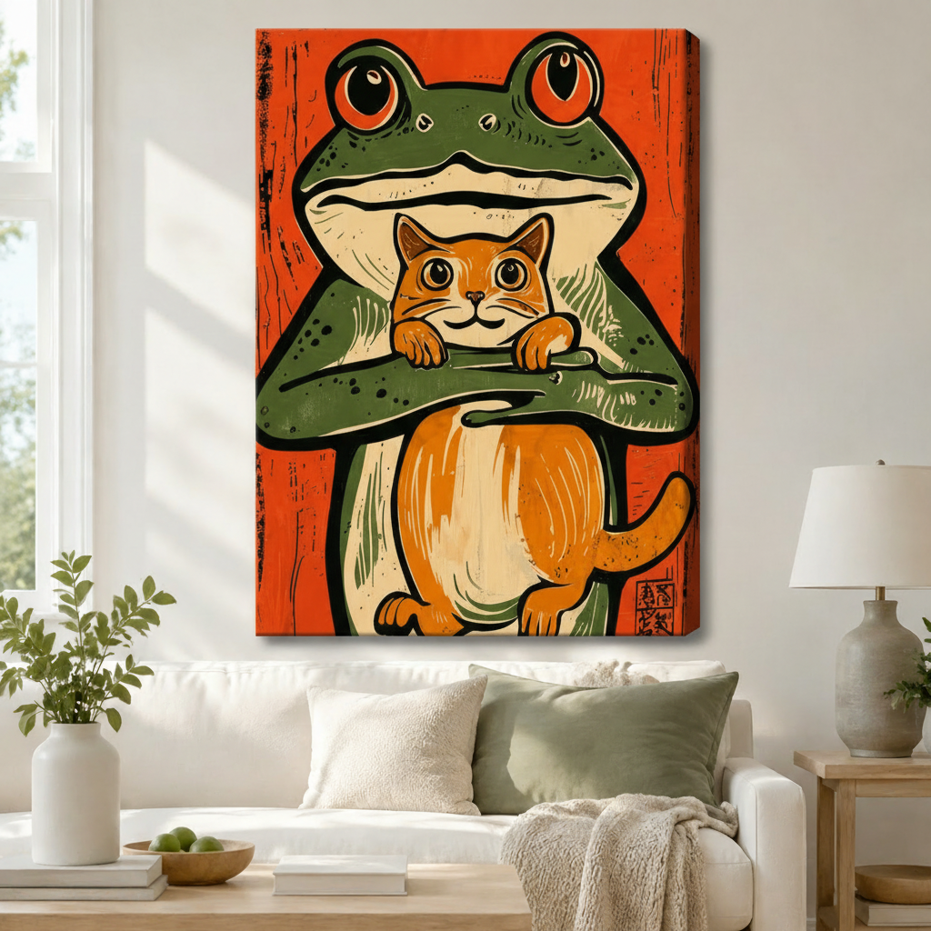 Gallery wrap canvas wall art featuring a whimsical green frog embracing a smiling orange cat in ukiyo-e woodblock style, hung above a white sofa in a Scandinavian living room