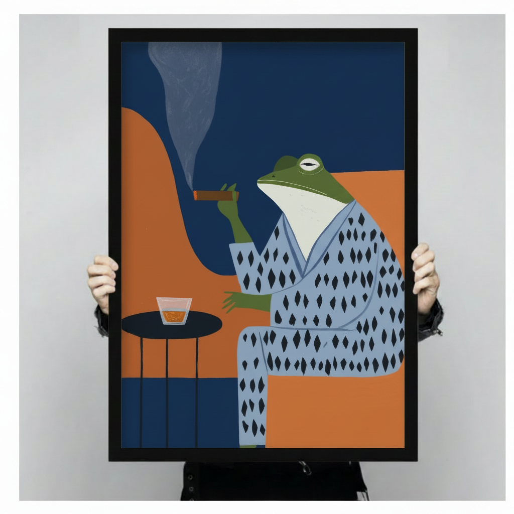 Person holding large framed canvas print of dapper frog in kimono smoking cigar — premium gallery wall art with black wood frame