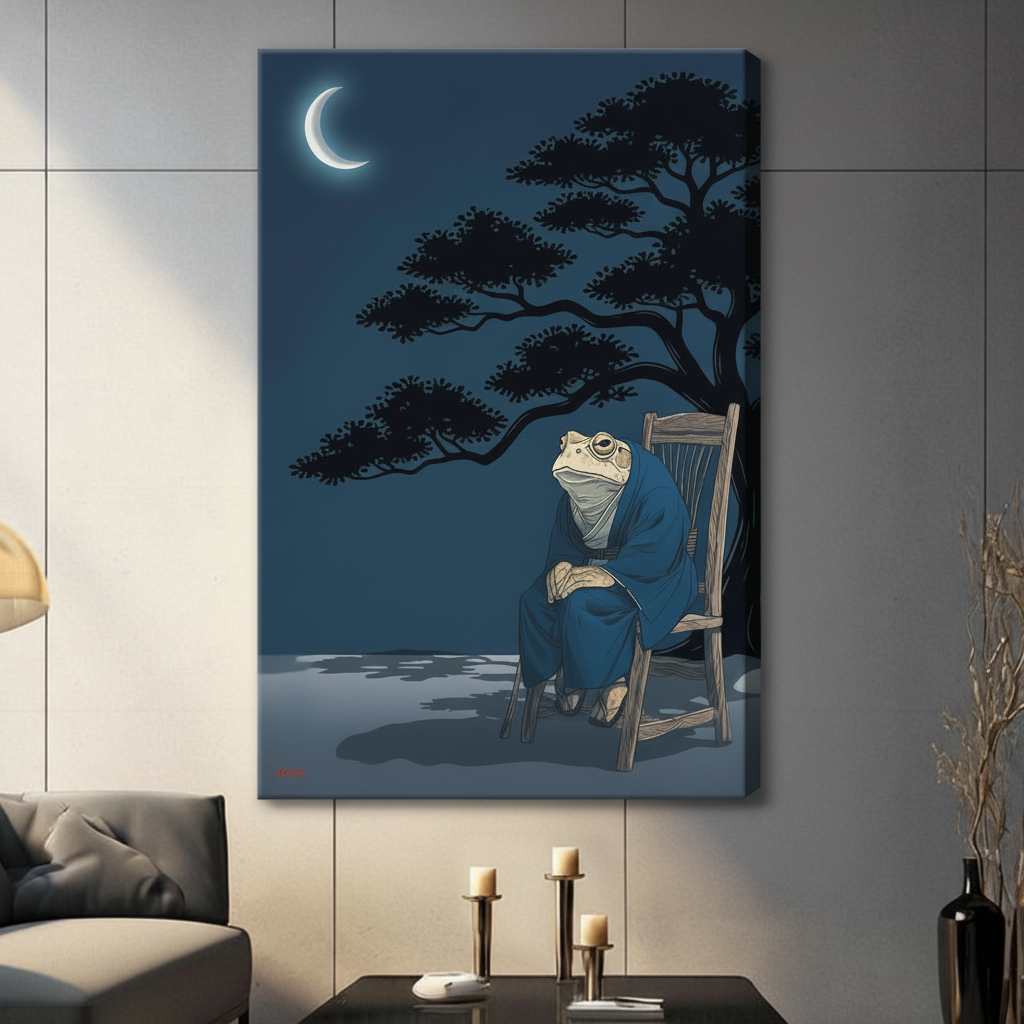 Ukiyo-e inspired frog in kimono under crescent moon and pine tree stretched canvas print on grey wall