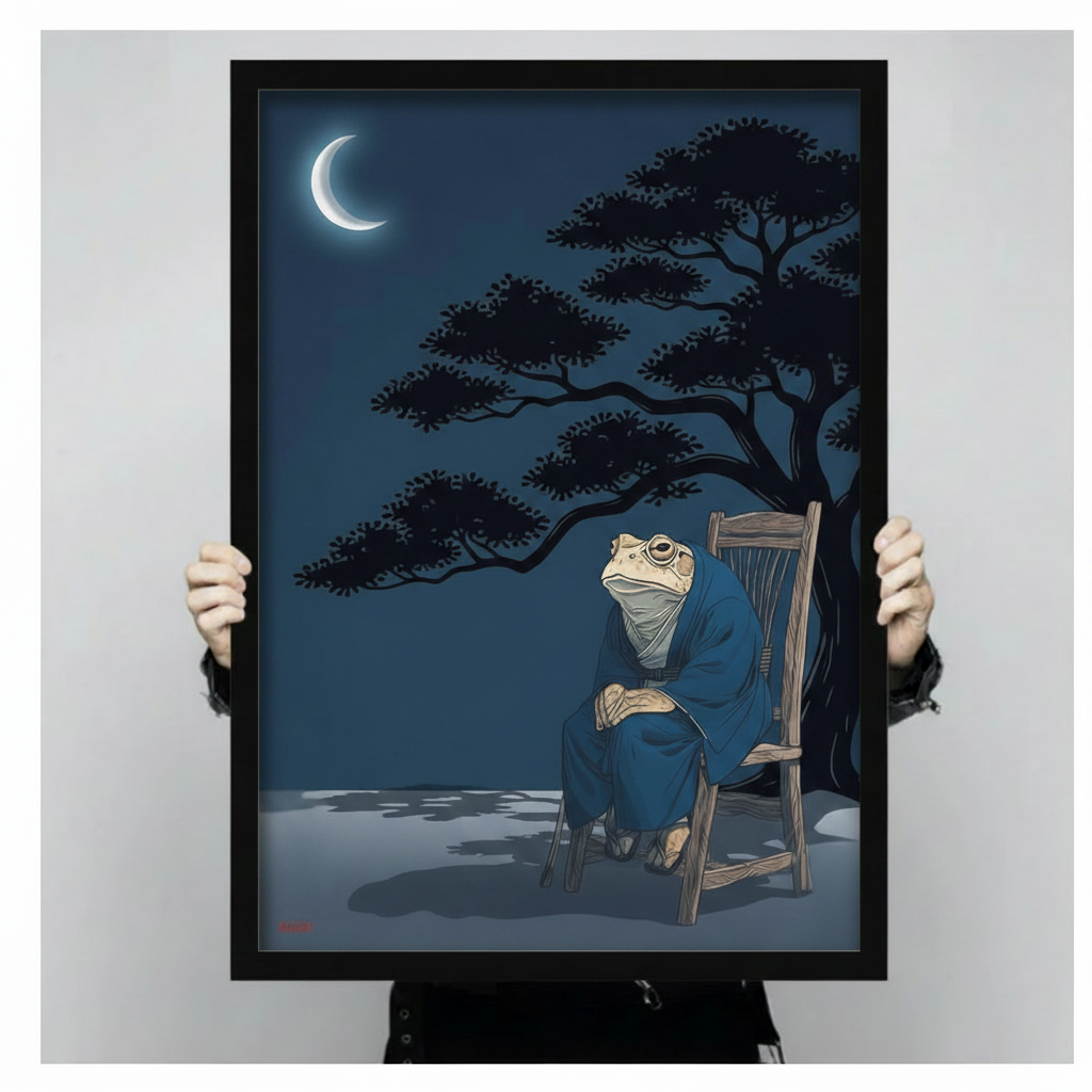 Person holding black framed Japanese frog kimono moonlit pine tree art print close-up product view