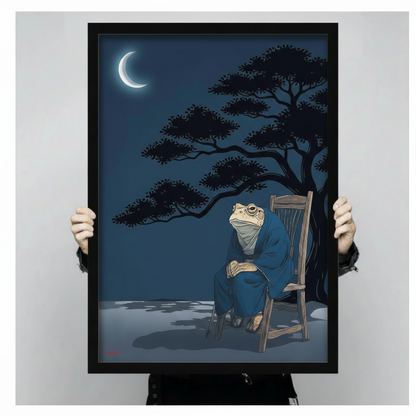Person holding black framed Japanese frog kimono moonlit pine tree art print close-up product view