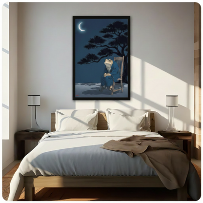 Frog in blue kimono gazing at crescent moon under pine tree framed art print above bed in bright Scandinavian bedroom