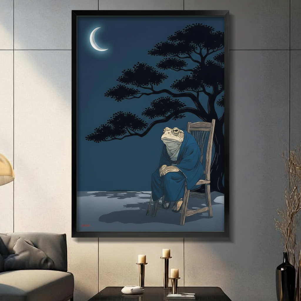 Japanese style frog in blue kimono sitting under moonlit pine tree framed wall art print in modern living room