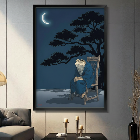 Japanese style frog in blue kimono sitting under moonlit pine tree framed wall art print in modern living room