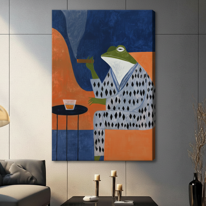 Stretched canvas of sophisticated frog in patterned kimono with whiskey glass — bold retro pop wall art for living room