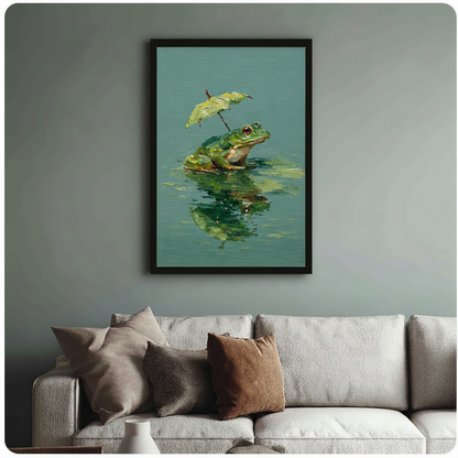 Framed frog with leaf umbrella canvas print hanging above a cream sofa in a sage green living room
