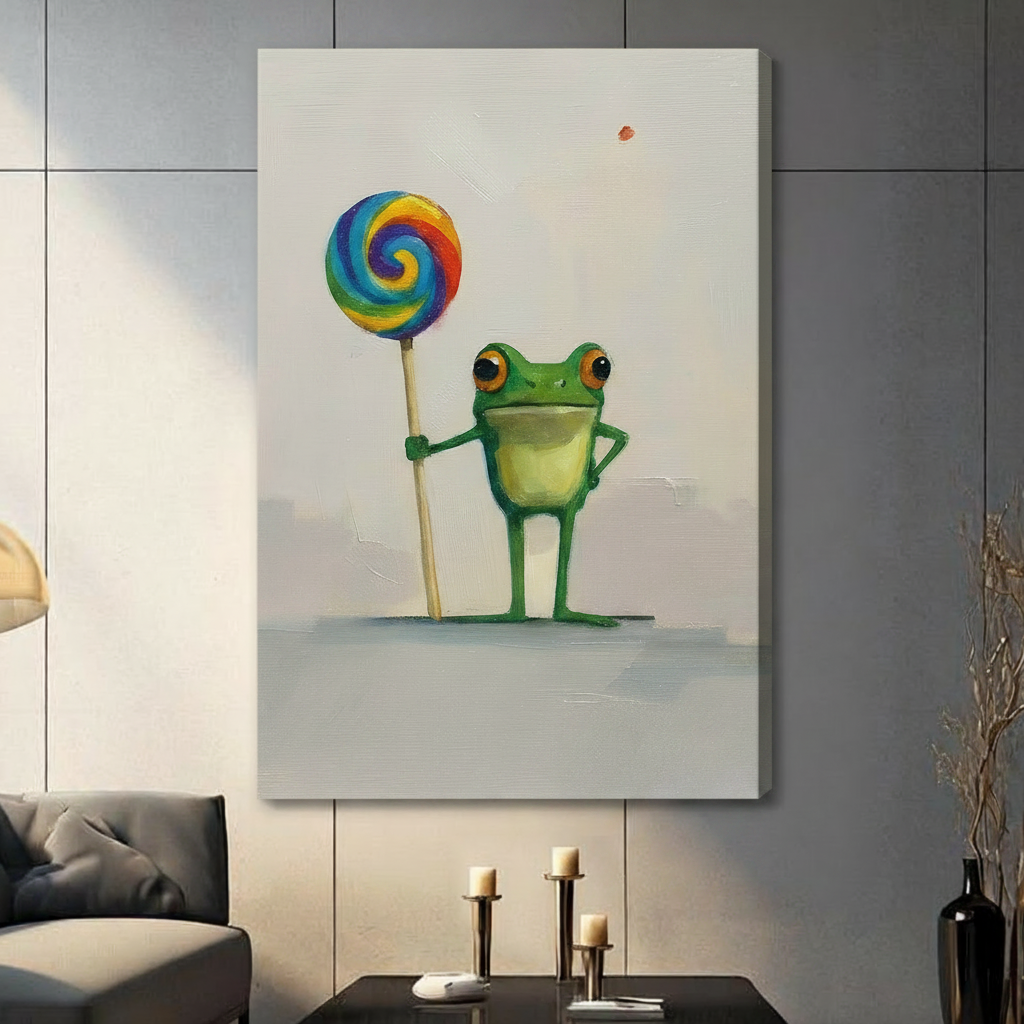Stretched canvas whimsical green frog with rainbow lollipop wall art featuring a cheerful cartoon green frog with big amber eyes standing confidently with a hand on hip gripping a tall swirling multicolor rainbow lollipop in expressive oil-paint style on a soft off-white textured background, hung on a dark gray tiled wall above a gray sofa