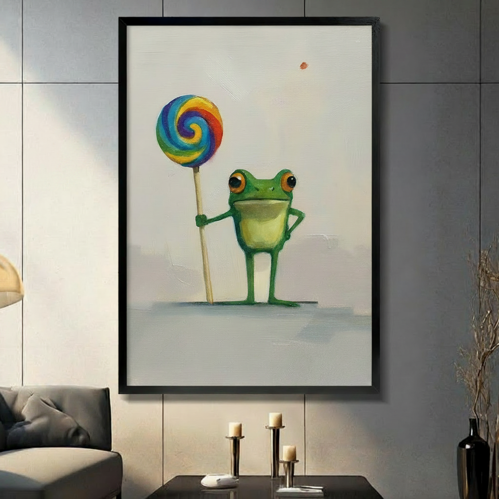 Black framed whimsical green frog with rainbow lollipop canvas art with a confident cartoon green frog with large amber eyes standing upright with one hand on hip holding a giant swirling rainbow lollipop on a stick against a soft off-white oil-painted textured background, hung on a dark gray tiled wall above a gray sofa