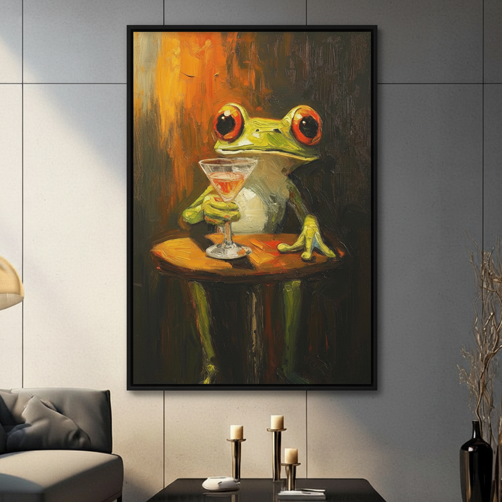 Frog martini wall art displayed on a textured canvas in a contemporary living room